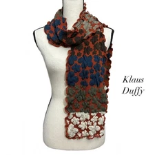 Klaus Duffy Brown Blue Cream Floral Ruffle Edge Knit Scarf 64” Long 7” Wide