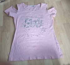 Damen Shirt Rosa mit Glitzeraufdruck Größe L/XL / Schulterfrei / Ungetragen