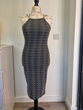 River Island Black White Bodycon Midi Dress UK 12 Strappy Back Stretch Party