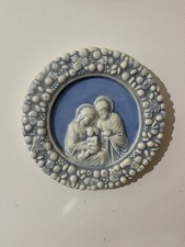 Christian Nativity Scene Decorative Plate Holy Family Relief Blue and White