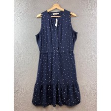 New LOFT Women's Star Print Sleeveless Dress Navy Blue Tiered Ruffle Hem Size L