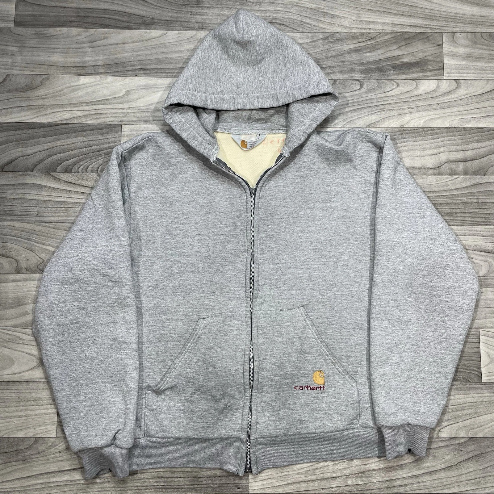 VTG Carhartt Thermal Lined Hoodie Mens XL Distressed Gray Full Zip 80s USA