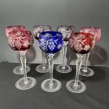 AJKA Marsala Cut to Clear Set of 7 Lead Crystal Wine Glass Hock Goblets 8 1/4" H