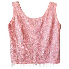 MCM 50s Vtg Pink Sequin Bead Top M Retro Cocktail Pinup Glam Formal Hong Kong