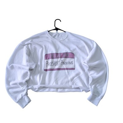 Hello I'm Probably Anxious Crop Top Sweater Women's Size XL White Cropped Retro