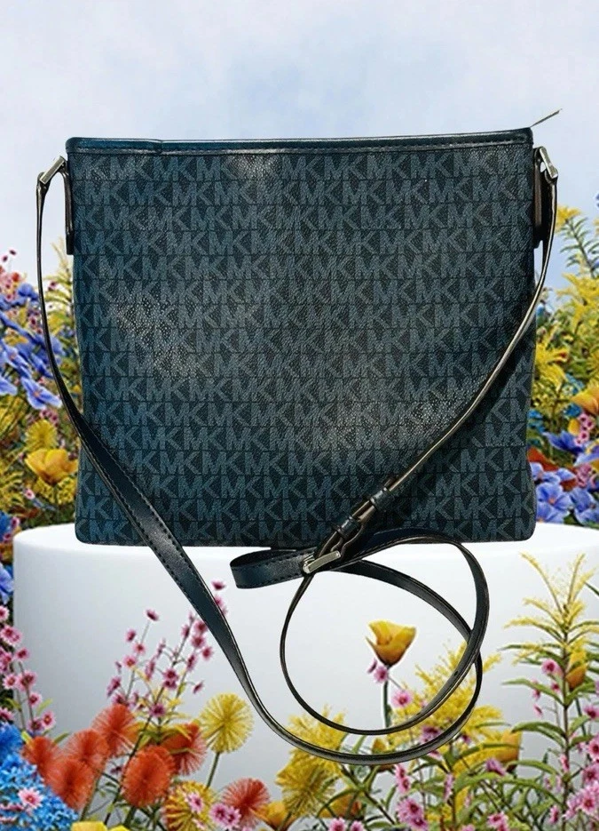 Bolso Mensajero Michael Kors Jet Set Viaje Pequeño Raya Central MK Azul y Blanco Foto 2 de 4