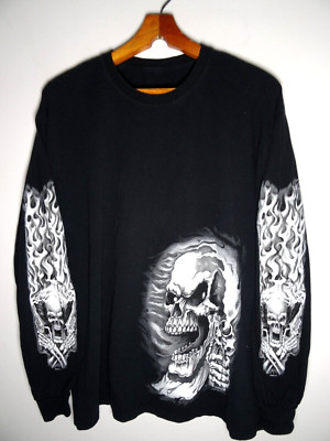 Vintage Y2K Grunge Skull Flame Long Sleeve Shirt XL Mens Skater