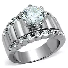 WOMEN'S BOLD ROUND CUT CZ STAINLESS STEEL WIDE BAND ENGAGEMENT PROMISE RING