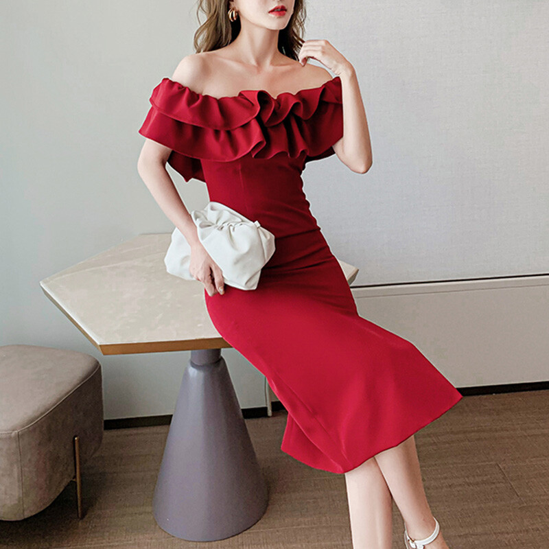 Ladies Off The Shoulder Dress Ruffle Side Slit Frill Dresses Sexy Party  Cocktail