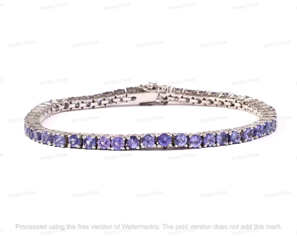 Женский теннисный браслет из белого золота 14 карат с синим танзанитом круглой огранки 15 карат более 7,5 дюйма - Изображение 2 из 2