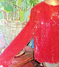 VTG 80s SEQUIN SILK TOP RED IRIDESCENT Boho Lux GLAM DISCO RETRO DECO WEDDING L
