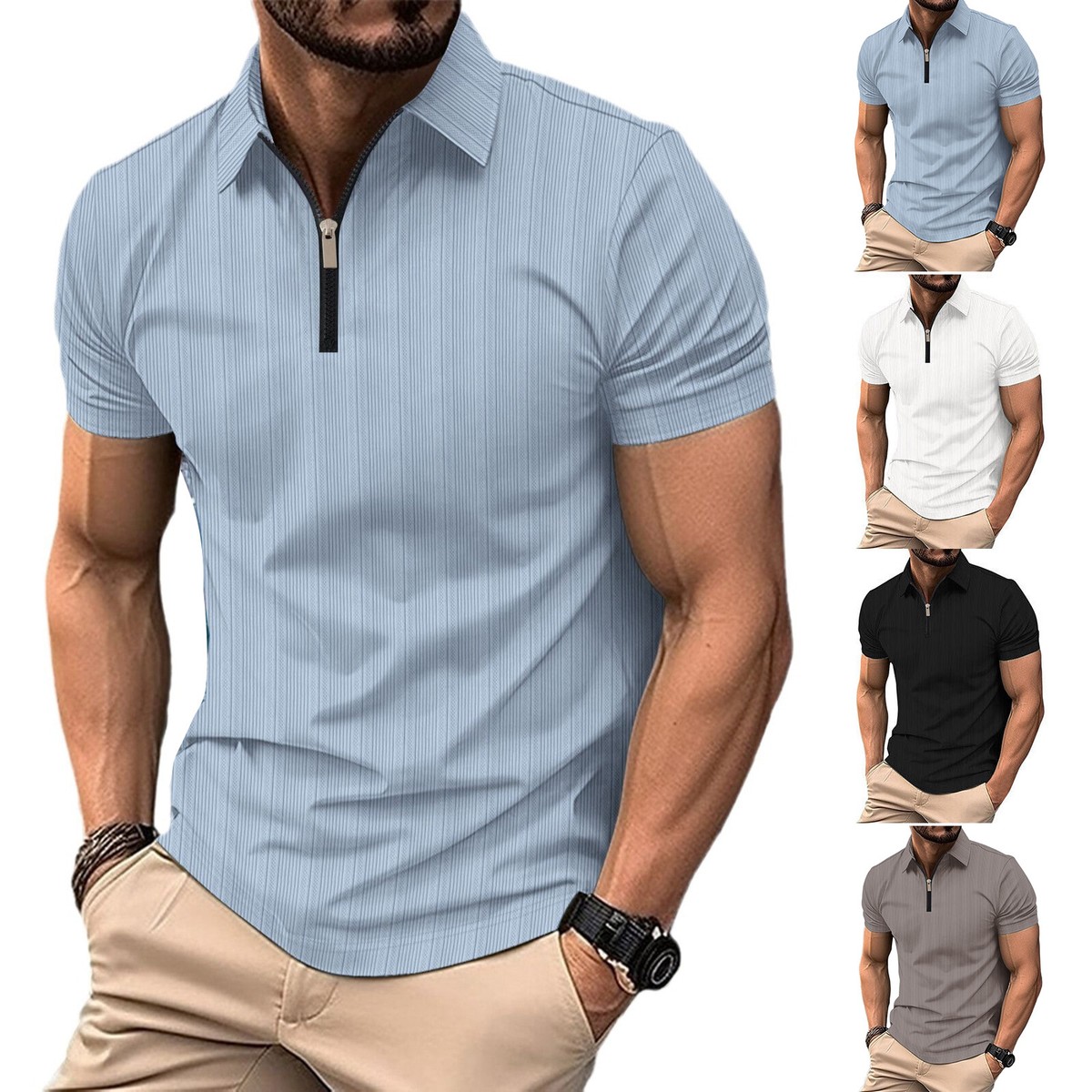 Mens Summer Business Casual Shirts Breathable Zip Lapel Short Sleeve Tops  Tees