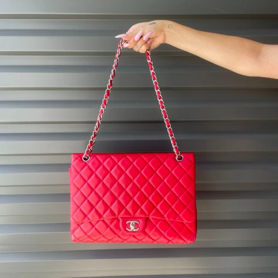 Chanel Red Quilted Patent Leather Classic Maxi Single Flap Bag