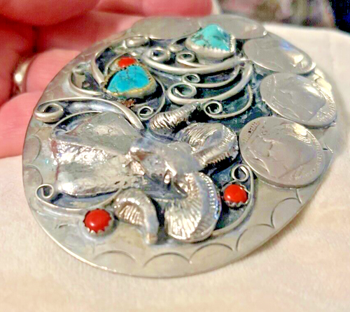 Vinatge Native Silver Nickle Ram & Buffalo Nickels, Turquoise & Coral Buckle - Picture 7 of 19