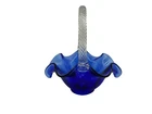 Fenton  Glass Basket Blue Cobalt Ruffle Clear Braided Attached Handle Vintage