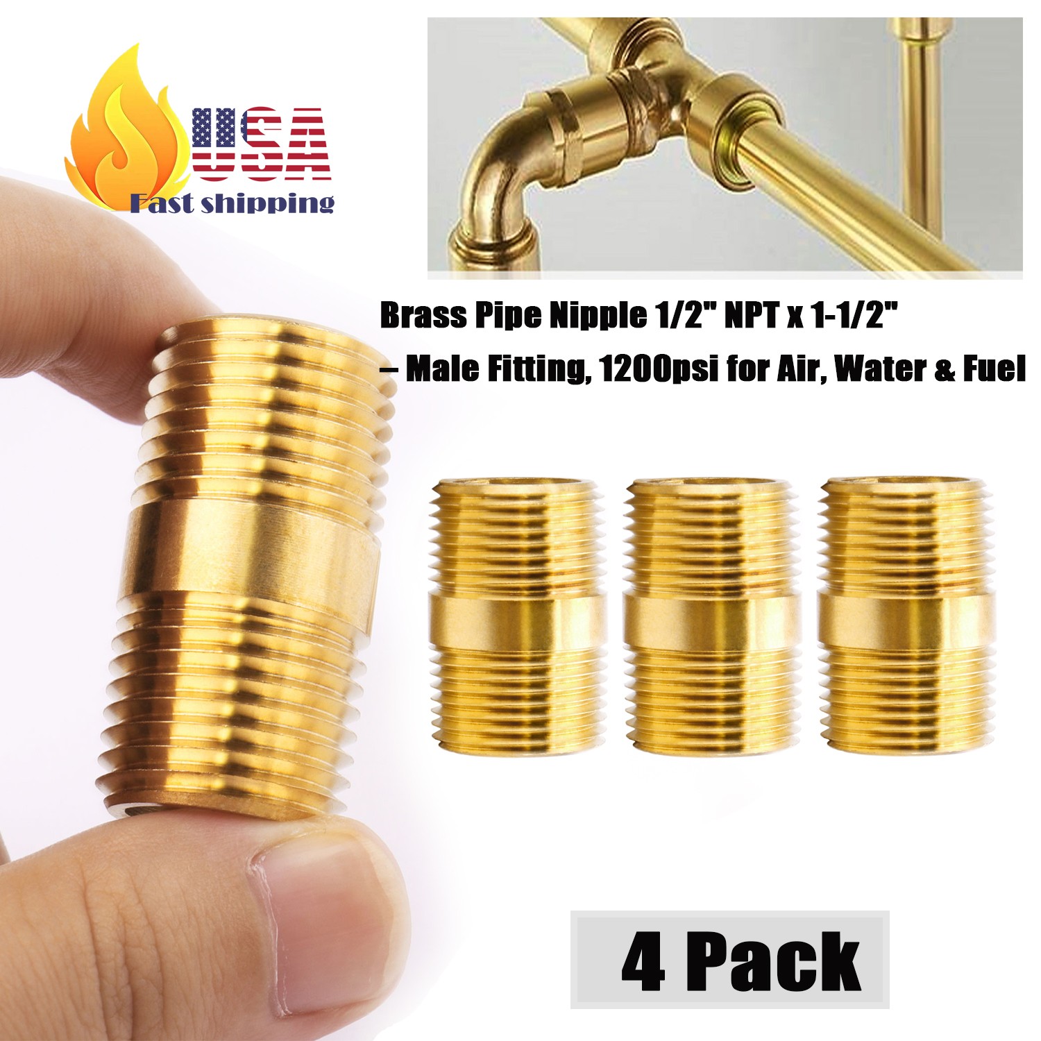 Brass Pipe Nipple 1/2" NPT x 1-1/2" – 4 Pack Male Fitting, 1200psi for Air, Wate