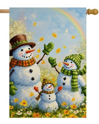 Oil Painting Cute Snowman Family Flowers Meadow with Rainbow House Flag 28'' x...