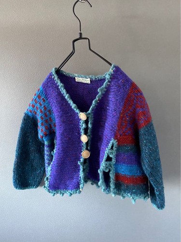 Vintage 80s 90s Ireland Handmade Kids Crazy Patchwork Cardigan Purple Knit