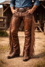 Men  s Handmade Western Fringe Leather Cowboy Pants Brown Vintage Biker Trouser