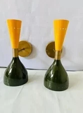 1950's Mid Century Brass Italian Diabolo Wall Sconce Light Fixture 2 Bulb Pair