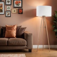 Stehlampe Dreibein 146 Cm Niedrig Skandi Holz Stoff E27 Stehleuchte Wohnzimmer