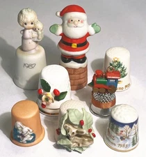 Lot of 8 Vintage Christmas-Themed Thimbles, Enesco, Napcoware, RR Roman, More