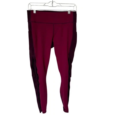 Fabletics Powerhold Leggings Women L Berry Burgundy Good Ruffle Mesh Pockets - Image 1 of 4