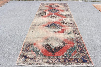 Turkish Vintage Rug 4,7x12,6 ft, Red Floral Wool Rug