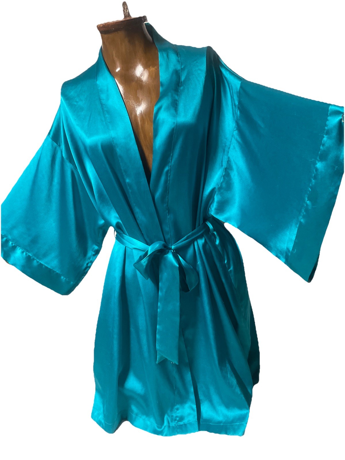 Victoria's Secret Satin Kimono Robe Teal Blue Short Belted Size M L