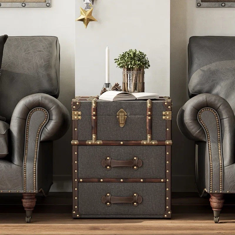 Vintage storage chest with Buckle Hinged Top,Linen End Side Table - Image 2 of 4