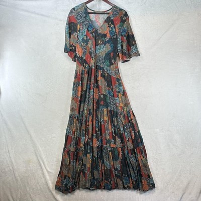 Soft Surroundings Dress Womens L Patchwork Floral Maxi Boho Fit Flare Tiered
