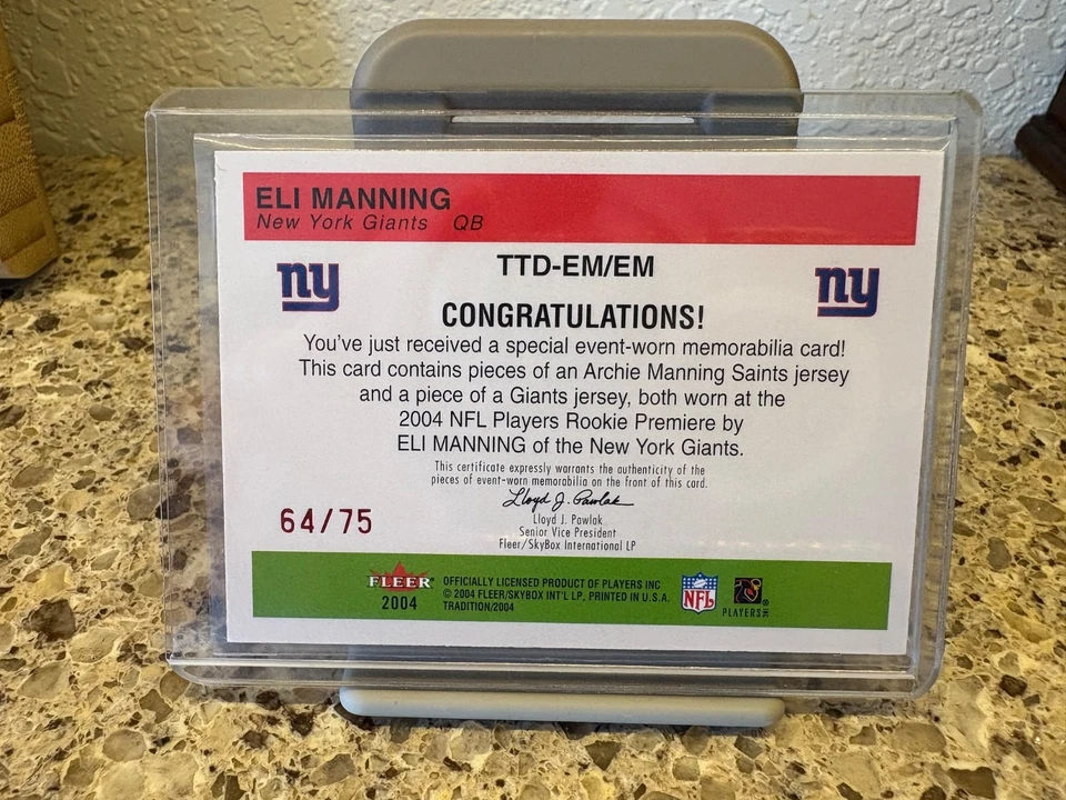 2004 Fleer Tradition Dual Throwback Threads Eli Manning!  Jersey card S/N 64/75. - Image 2 of 2