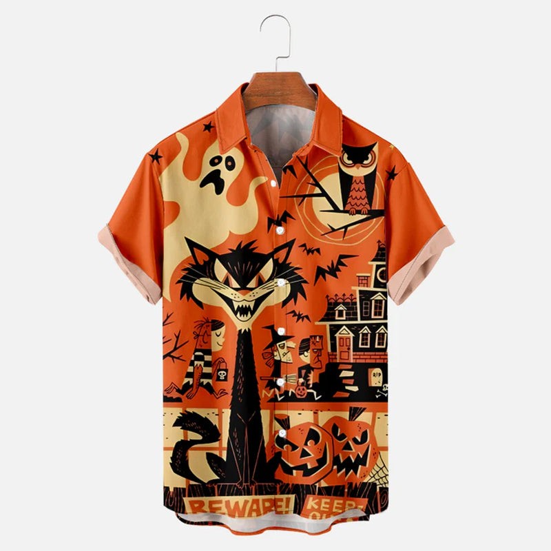 Mens Halloween Trick or Treat Cat Ghost Pumpkin Shirt