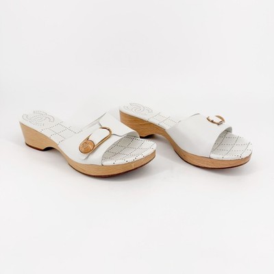 Chanel CC Wooden Platform Mule Sandals White Leather Size 38 US 7-8 Slide