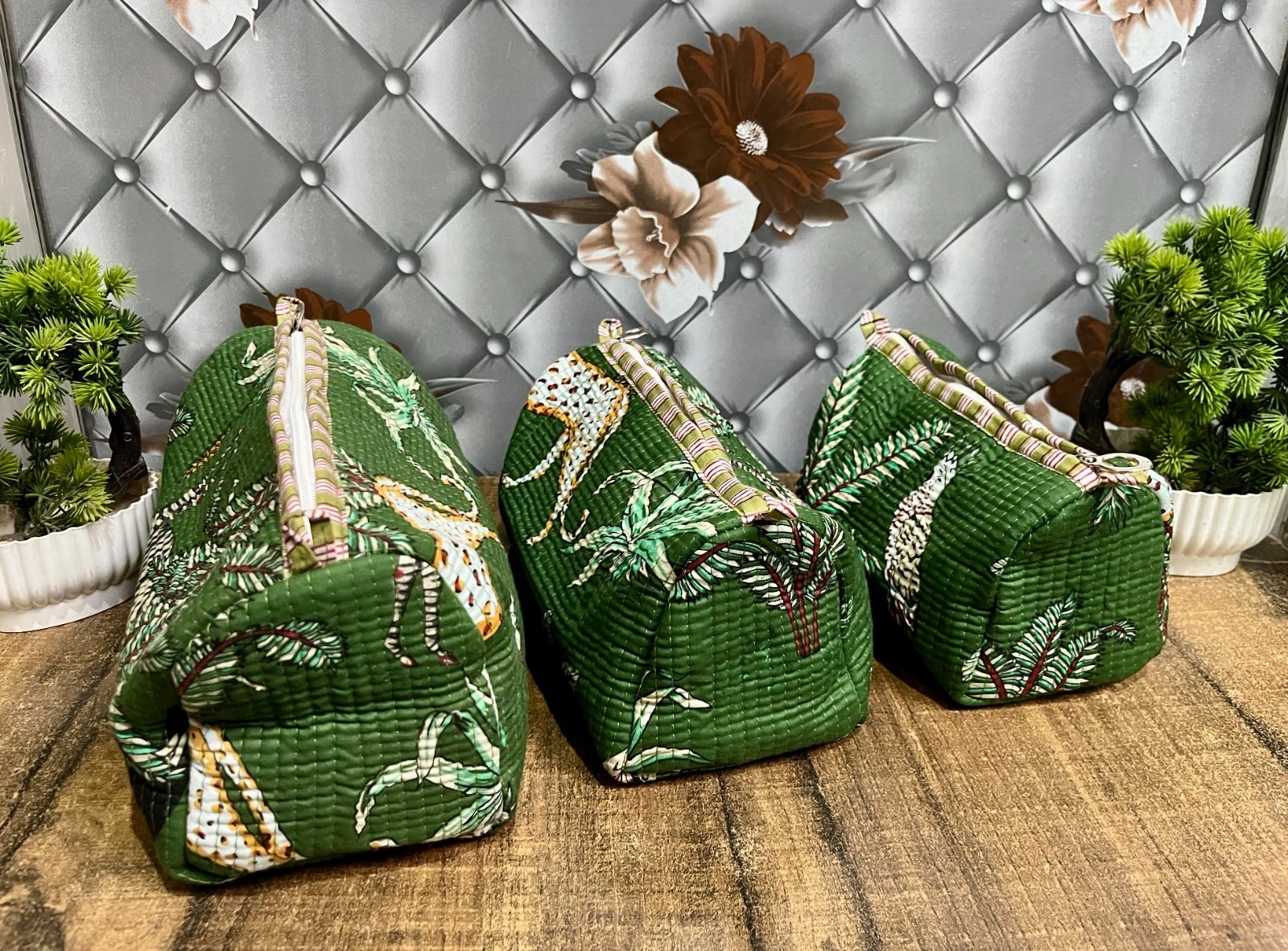 Indian Cotton Green Forest Toiletry Bag Unisex Makeup Bags Waterproof 3 Pcs. Set