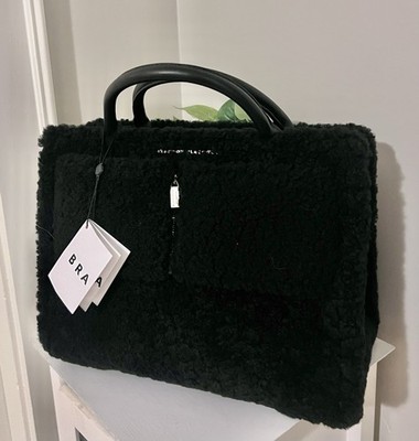 Brandon Blackwood Black Shearling Top Handle Bag with Detachable Strap