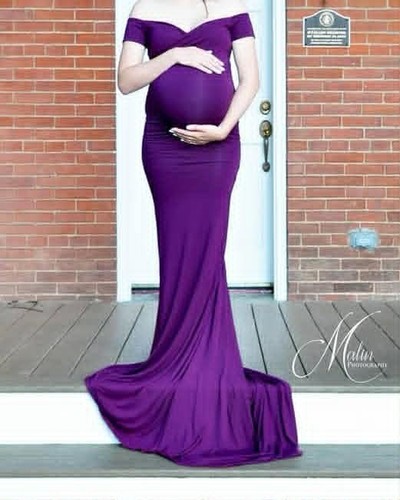 SEW TRENDY MATERNITY PURPLE PUDDLE DRESS WITH SMALL TRAIN - PURPLE - S - D16