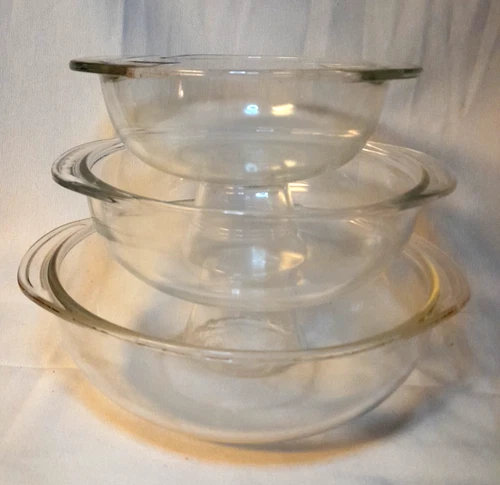 Vintage 3pc PYREX 022,023,024 Clr Glass Nesting Casserole Bowl Set 1qt,1.5qt,2qt