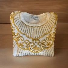 Vintage Victoria Harbour 80  s White/Gold Embroidered Sequins Beaded Sweater MED