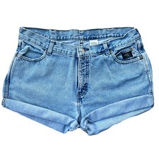 Vintage Harley Davidson Light/Medium Blue Wash High Waisted Denim Shorts - 34/35