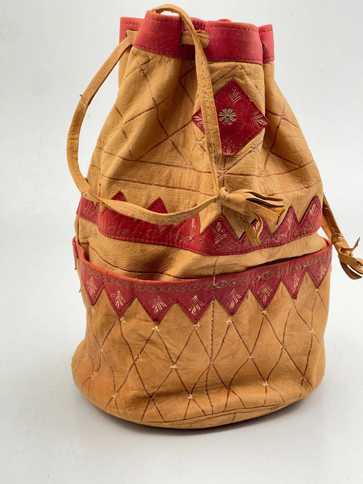 Vintage 1960's Moroccan Painted Drawstring Hand Bag Purse Hobo Leather Handbag - Image 3 of 4