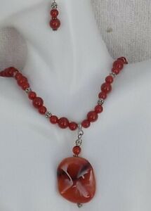 Carnelian-Wave-Center-Drop-Style-Necklace-and-Matching-Earrings-Jewelry-Set