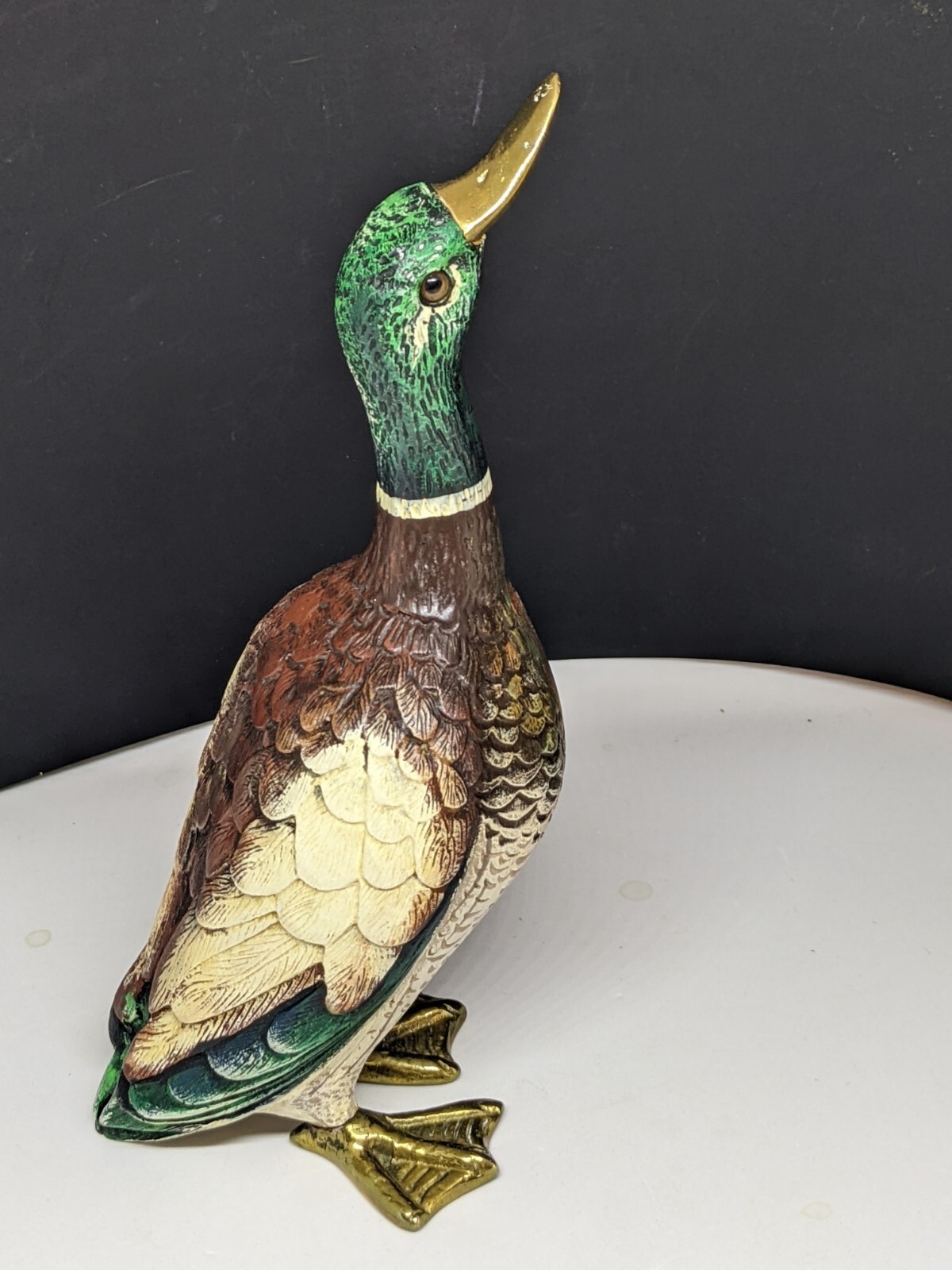 Vintage Signed Malevolti Italy Mallard Duck, Brass Feet and Beak, Glass