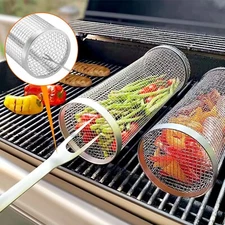 2 Pack Rolling Grilling Baskets Stainless Steel BBQ Gifts Outdoor Camping