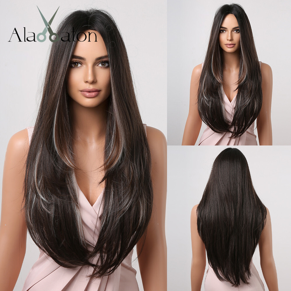 Long Straight Synthetic Wigs LAYERED Black Highlights Brown  display picture 1