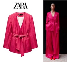 Zara Double Breasted Belted Tie Blazer Womens Large Shiny Fuchsia Hot Pink NWOT