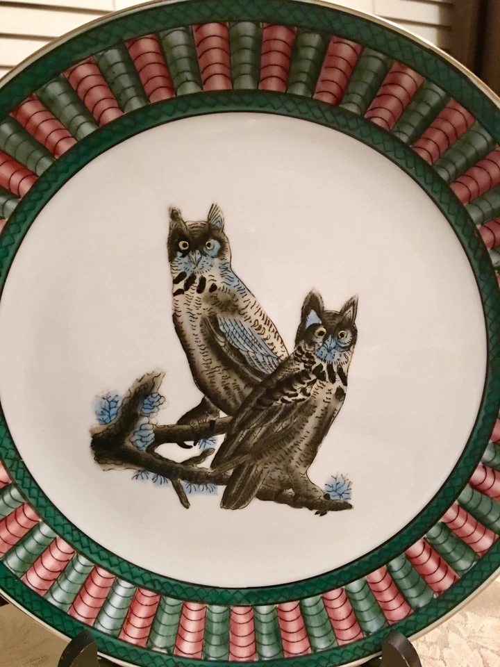 Hermoso Plato Rosa y Verde Vintage Búho Búho Decorativo Porcelana Coleccionable Foto 4 de 4