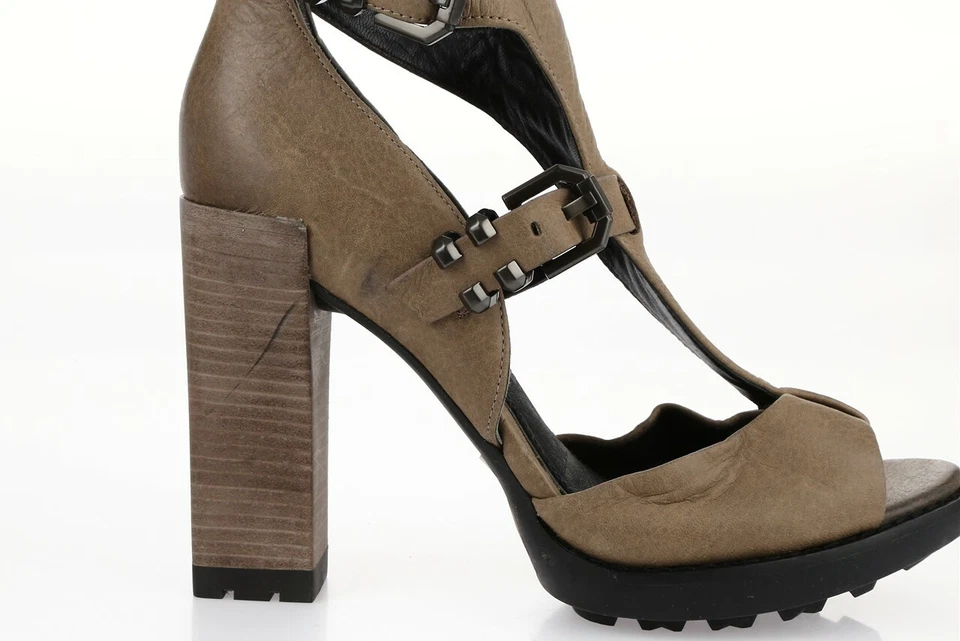 Sandalias de tacón de bloque con tiras de cuero marrón topo Kenneth Cole para mujer talla 7,5 M Foto 3 de 4