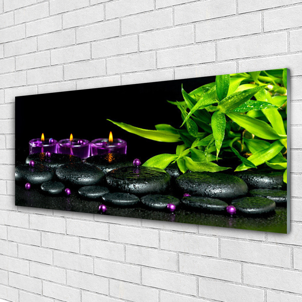Impression sur verre acrylique 125x50 tableau mural Bougie Pierres Feuilles pour salon nature