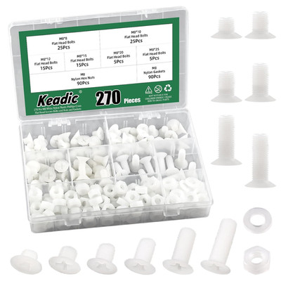 270Pcs M8 White Nylon Countersunk Machine Screws, Nylon Flat Head Machine Screws